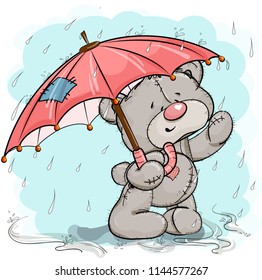 Teddy bear in stands with an umbrella in the rain. Background color