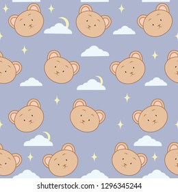 Teddy bear with star, crescent moon, and cloud cute seamless pattern. Cartoon vector illustration. Nursery background for kids. Isolated - Vector.