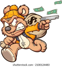 Teddy Bear Stealing A Big Bag Of Money. Vector Illustration With Simple Gradients. All On A Single Layer. 
