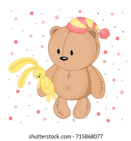 Teddy bear with a striped cap and hares in the hands.