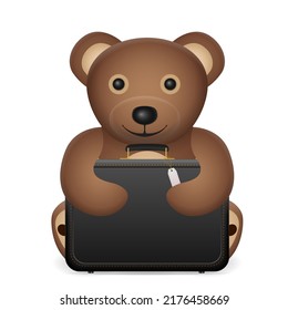 Teddy bear with suitcase on a white background. Vector illustration.