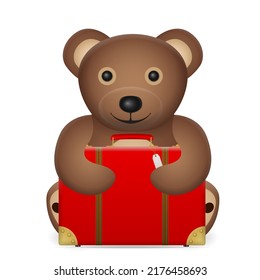 Teddy bear with suitcase on a white background. Vector illustration.