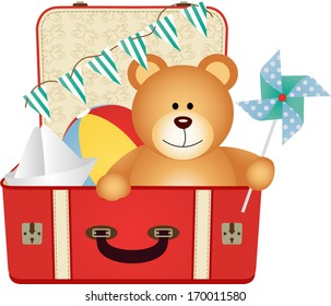Teddy Bear in the Suitcase of Toys