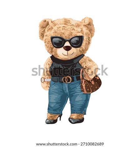 Teddy bear with sunglasses in jeans and heels cartoon illustration glamorous fashionista with purse isolated on white background cute animal stylish outfit