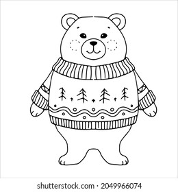 Oso de peluche con un suéter en forma de doodle o boho. Arte de línea simple esbozado. Ilustración vectorial de invierno aislada en fondo blanco.