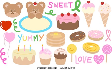 Teddybär und süße Dessertsymbole wie Geburtstagskuchen, Eis, Cupcakes, Süßigkeiten, Donuts und Pfannkuchen. Sie können für Aufkleber, Logo, Bannerdekoration, Post, Druck, Werbung, Rezept usw. verwendet werden.