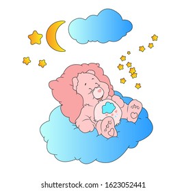 The teddy bear sweetly sleeps on the cloud and the stars and moon shine in the sky