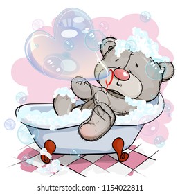 Teddy bear swims in the bathtub and blow bubbles. All around soap foam and bubbles