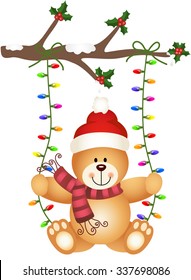 Teddy bear swinging on Christmas lights
