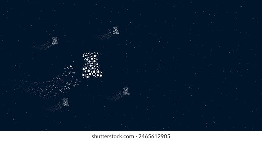 A teddy bear symbol filled with dots flies through the stars leaving a trail behind. There are four small symbols around. Vector illustration on dark blue background with stars
