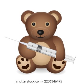 Teddy bear with syringe on a white background. Vector illustration.