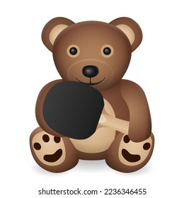Teddy bear with table tennis bat on a white background. Vector illustration.