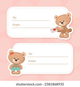 Teddy Bear Tag Card Design with Cute Fluffy Animal Vector Template