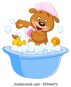 Teddy bear taking a bath