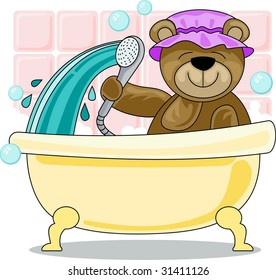 teddy bear taking a shower