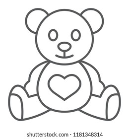 Teddy bear thin line icon, child and toy, animal sign, vector graphics, a linear pattern on a white background, eps 10.