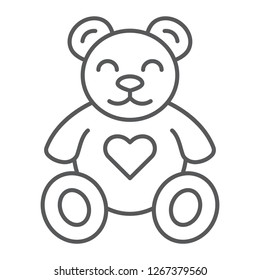 Teddy bear thin line icon, animal and child, plush toy sign, vector graphics, a linear pattern on a white background, eps 10.