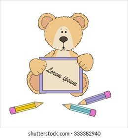 Teddy bear with three pencils and a board