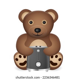 Teddy bear with toaster on a white background. Vector illustration.
