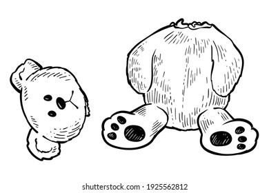 Teddy bear with torn of head, vector, monochrome