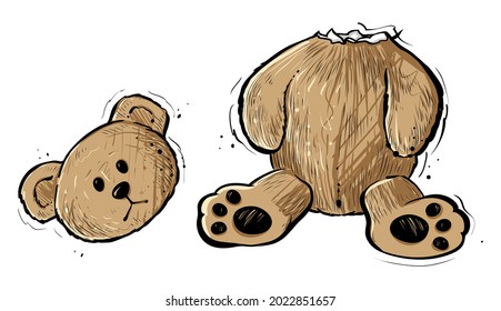 Teddy bear with torn of head, vector, color