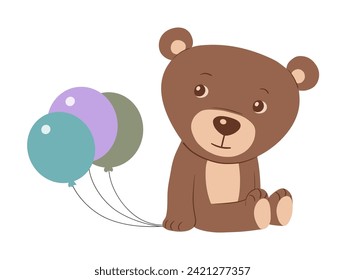 Teddy bear toy with balloons. Kind bear on a white background. Character for children. Cute animal for a postcard. Cartoon vector isolated illustration