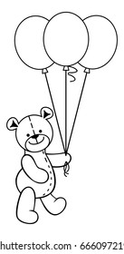 Teddy bear toy with  balloons. Vector line art.