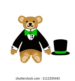 Teddy bear toy. Cute lovely character design. Dandy boy in a dinner jacket with a bow and a top hat. Isolated on white background.  Vector flat illustration.