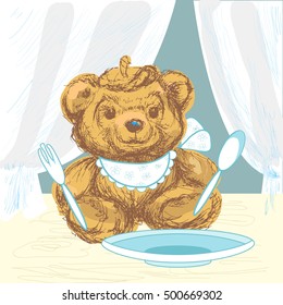 teddy bear and toy cutlery