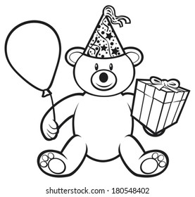teddy bear toy with gift box, birthday hat and balloon