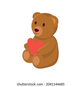 Teddy bear toy with a heart on white background. Cartoon illustration, vector.