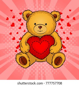 Teddy bear toy with heart pop art retro vector illustration. Comic book style imitation.