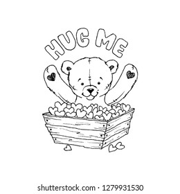 Teddy bear toy with hearts coloring book vector illustration. Hug me inscription. Valentines Day Concept. Love concept. Hand drawn illustration for kids design, birthday party invitation