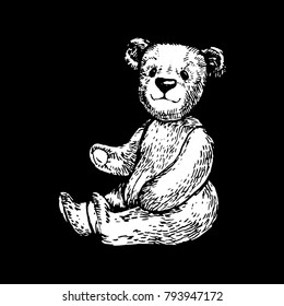 Teddy Bear toy Ink hand drawn line art stock vector illustration sketch white on blackboard
