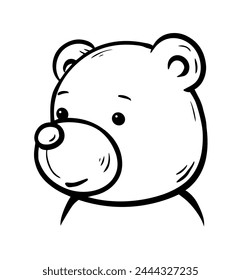 Teddy bear toy. Kind bear head portrait. Character for children. Character for a postcard. Cartoon vector black and white illustration. Hand drawn line sketch