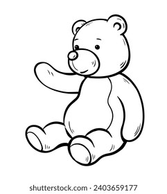 Teddy bear toy. Kind bear. Hello gesture. Character for children. Cartoon vector black and white illustration. Hand drawn sketch line