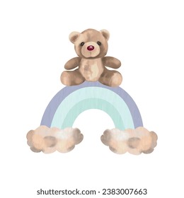 Teddy bear toy on a rainbow with clouds. Vector illustration. Watercolor. Greeting cards, invitations, newborn baby shower, gender party, boy or girl.