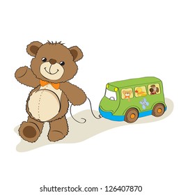 teddy bear toy pulling a bus, cartoon vector illustration