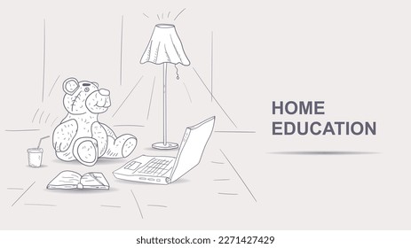 A teddy bear toy sits next to a laptop, a contoured black and white illustration in the style of a doodle