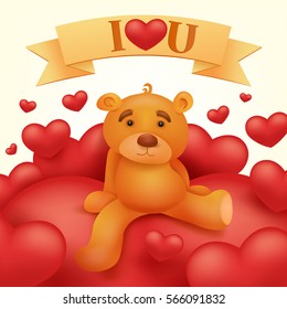Teddy bear toy sitting on red heart. St Valentines day greeting card Vector illustration