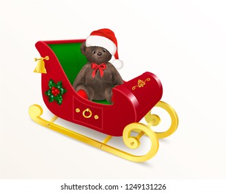Teddy bear toy sitting in Santa Claus sleigh. Cute teddy bear, wearing a red fluffy hat and a bow or ribbon. Realistic icon or object for Christmas design. Vector Illustration