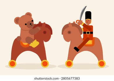 Teddy Bear and Toy Soldier on Rocking Horses