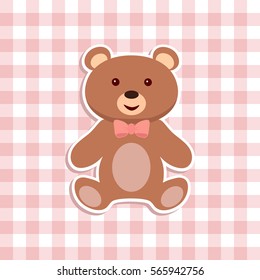 Teddy bear toy sticker flat icon on a checkered background. Vector illustration.