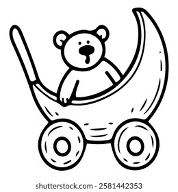Teddy bear in a toy stroller. Hand drawn doodle. Playing with a baby. Textile cute item for children. Wooden pushcart. Childhood. Vector line art illustration.