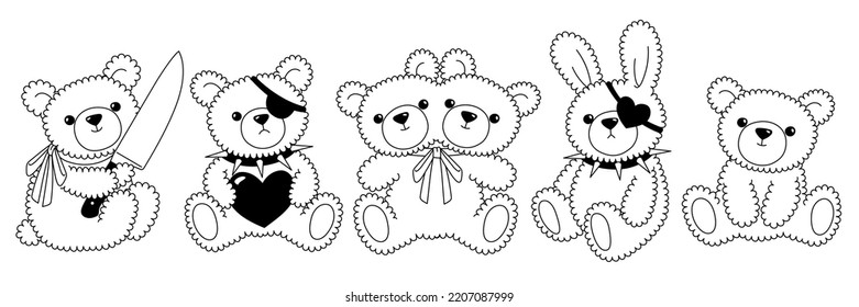 Teddybär-Spielzeug im komischen Stil der kawaii 2000er. Geräumiges, unheimliches, gruseliges Spielzeug. Vektor handgezeichnete Illustration im trendigen emo goth y2k Stil.