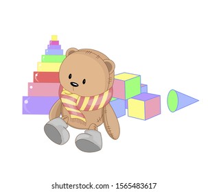 Teddy bear toy with a white background. Cartoon style.