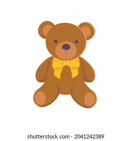 Teddy bear toy with yellow bow on white background. Cartoon illustration, vector.