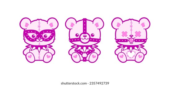 Juguetes Teddy Bear en pegatinas góticas de arte de tatuajes de los años 2000. Emo Goth 00's tattoo sticker color negro y rosa. Estética gótica Teddy Bear juguete en collar de clavos para diseño de impresión y2k