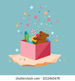 Teddy bear and toys in a surprise gift box, vector illustration