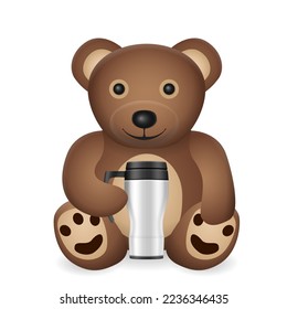 Teddy bear with travel mug on a white background. Vector illustration.